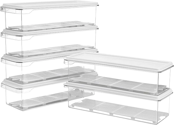 Bac emplilable gain de place À l’intérieur de chaque bac frigo antidérapant, il y a des plaques de drainage. Elles permettent à l’eau et à l’humidité des aliments de se déposer dans le fond sans mouiller le contenu. Chaque rangement pour frigo a un couvercle à clipser qui s’adapte parfaitement et garde le contenu au frais. Pour retirer le couvercle, il y a une languette à tirer. De petites poignées intégrées à l’avant permettent de sortir facilement les bacs du réfrigérateur.