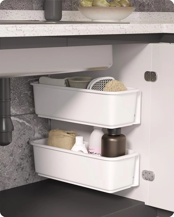 Organisateur sous lavabo Rangement vertical - Ces rangements muraux pour la cuisine vous permettent de ranger verticalement les objets quotidiens, en utilisant efficacement l'espace sous l'évier. Il y a deux organiseurs distincts pour chaque ensemble, pouvant être installés en combinaison pour répondre à vos différents besoins de rangement.